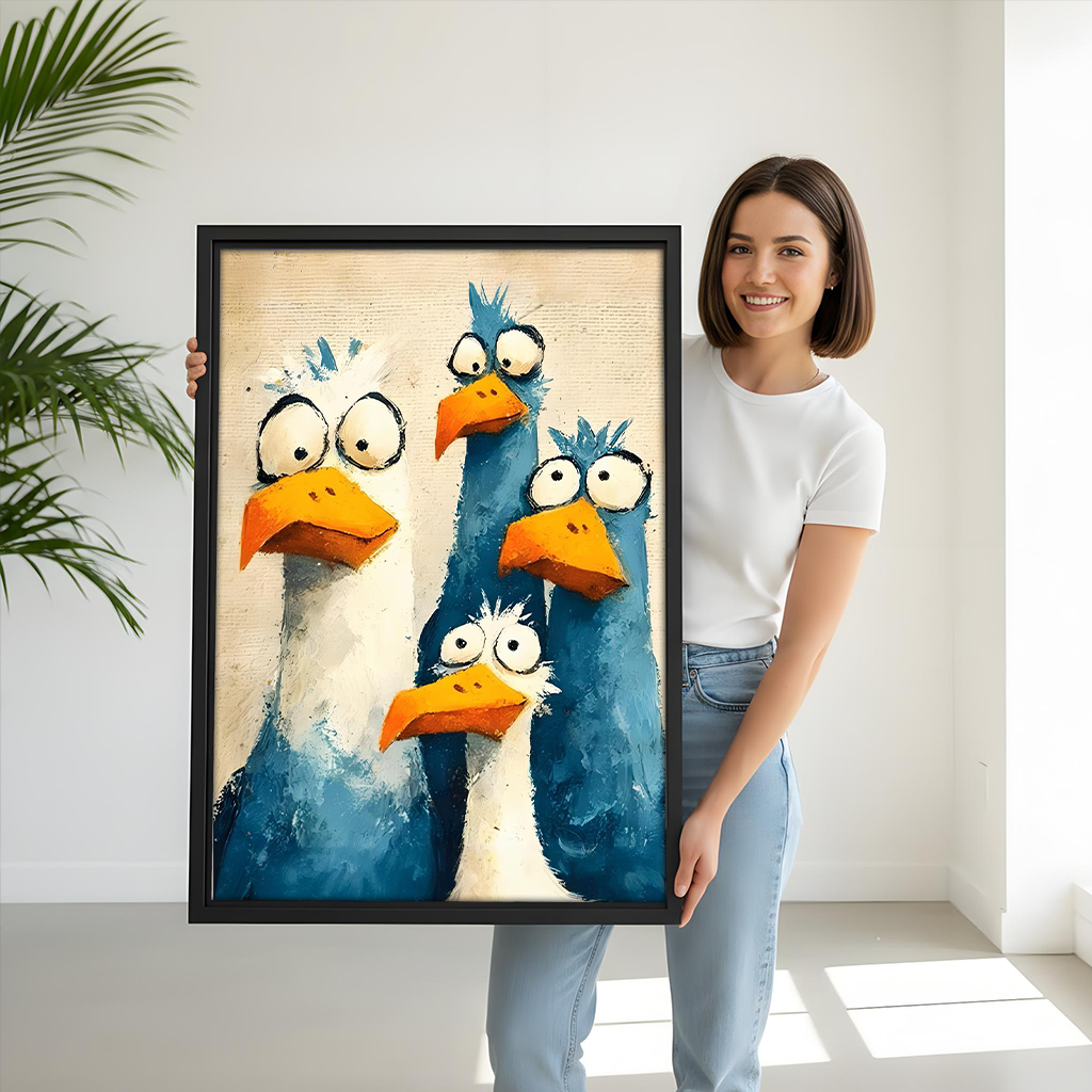 Framed whimsical bird quartet canvas wall art displayed above a wooden table with brown chairs.