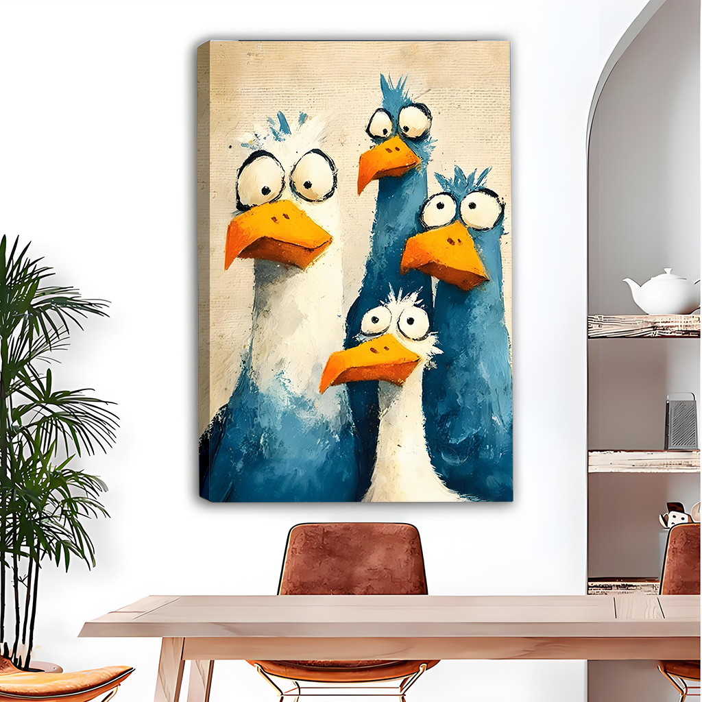Framed whimsical bird quartet canvas wall art hanging above a bunk bed in a kids bedroom.