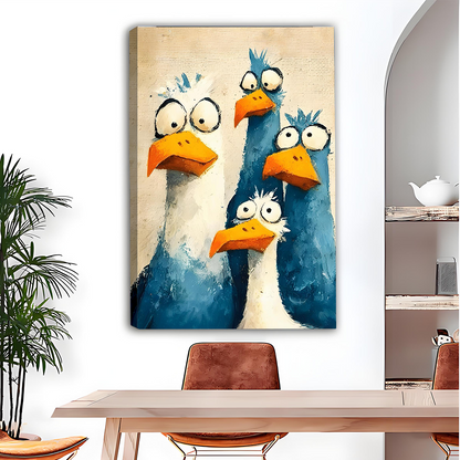 Framed whimsical bird quartet canvas wall art hanging above a bunk bed in a kids bedroom.