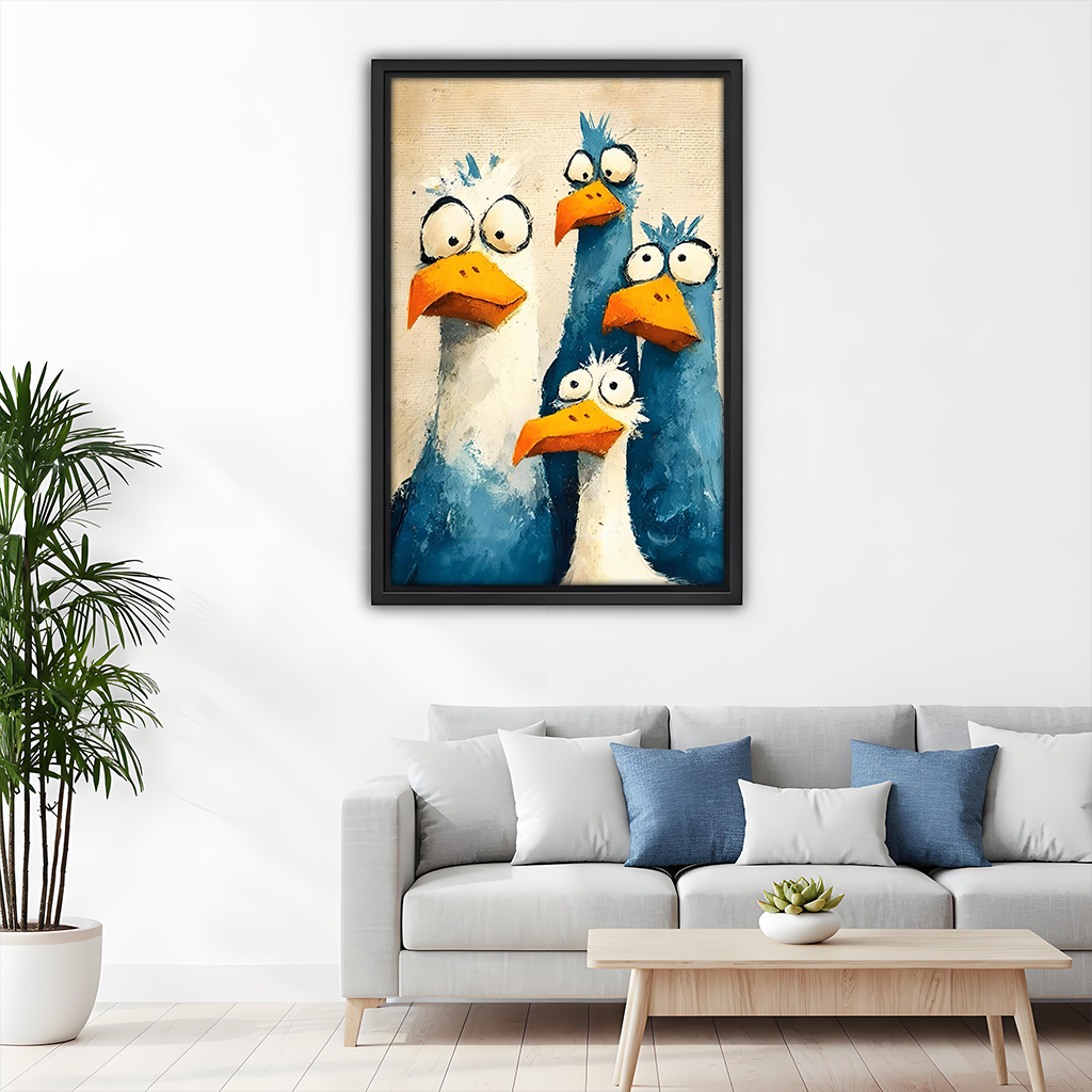 Framed whimsical bird quartet canvas wall art above a gray sofa in a bright living room.
