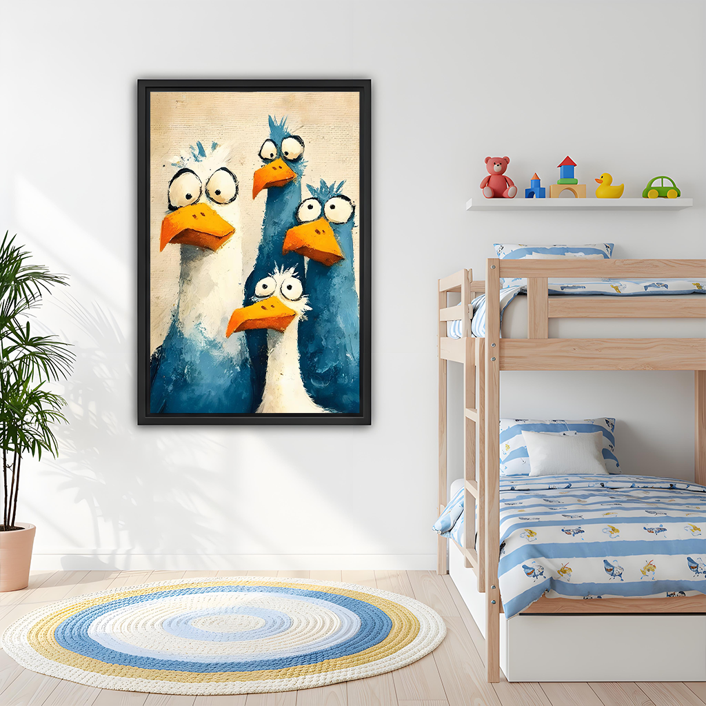 Gallery-wrap whimsical bird quartet canvas wall art showing four curious painted birds with big eyes.