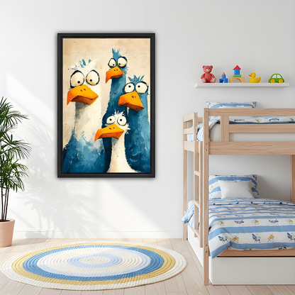 Gallery-wrap whimsical bird quartet canvas wall art showing four curious painted birds with big eyes.