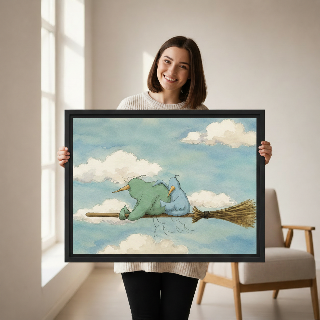 Whimsical bird broomstick watercolor canvas wall art displayed in cozy interior setting, dreamy blue sky illustration for home decor