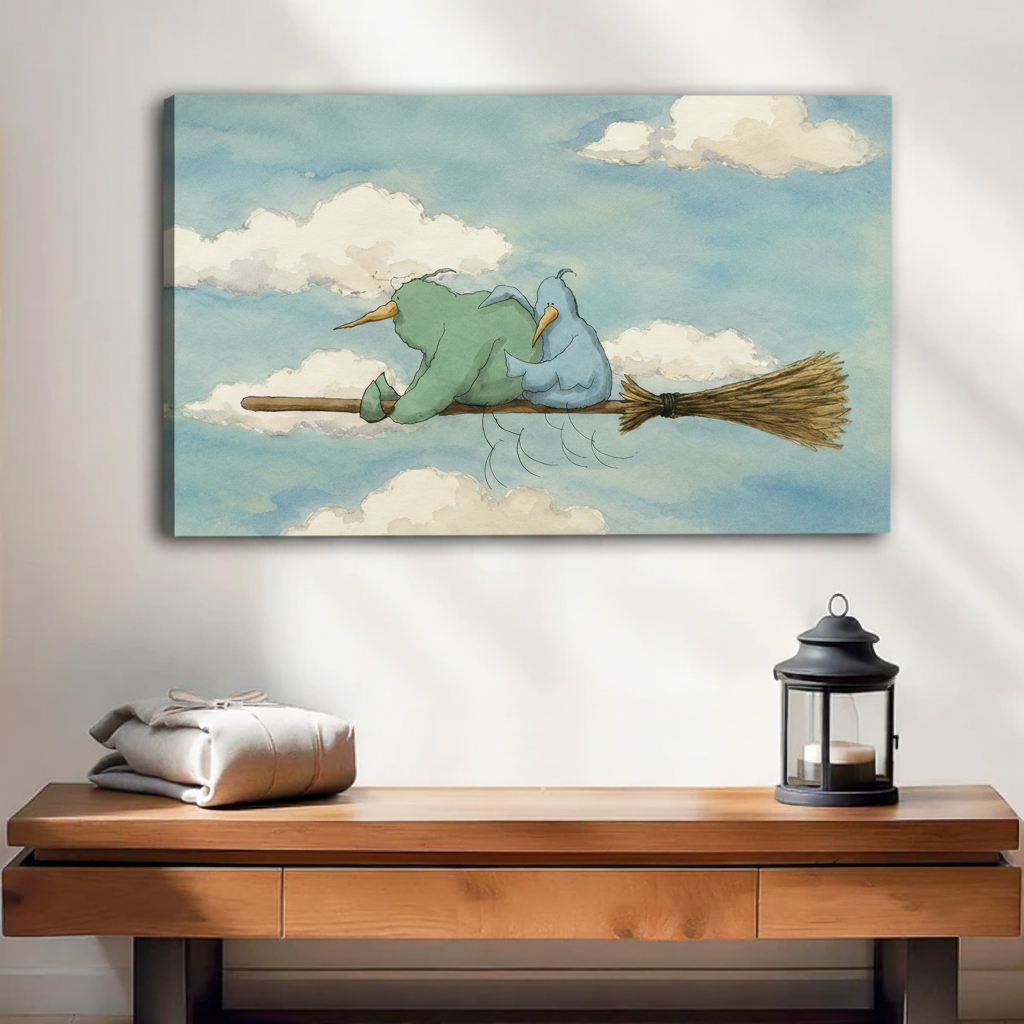 Frameless gallery wrap watercolor birds on broomstick canvas print, two chubby birds soaring through blue sky, whimsical wall art for living room