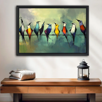 Black-framed whimsical birds canvas wall art above a wooden console with folded blankets and a black lantern.