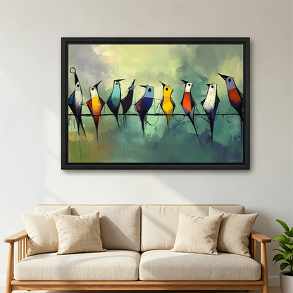 Unframed whimsical birds canvas wall art featuring colorful stylized birds above a wooden console beside a lantern.