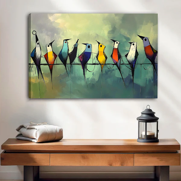 Whimsical birds canvas wall art in a black frame above a white bed with a wooden headboard.