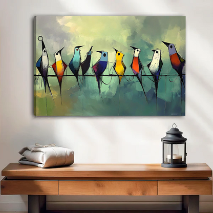 Whimsical birds canvas wall art in a black frame above a white bed with a wooden headboard.