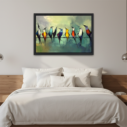 Woman holding black-framed whimsical birds canvas wall art featuring colorful stylized birds perched along a thin line.