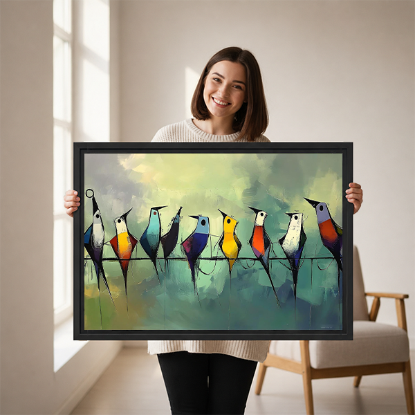 Black-framed whimsical birds canvas wall art with colorful birds against a green background above a cream sofa.