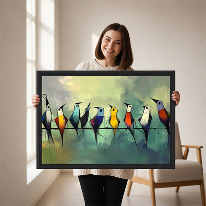 Black-framed whimsical birds canvas wall art with colorful birds against a green background above a cream sofa.