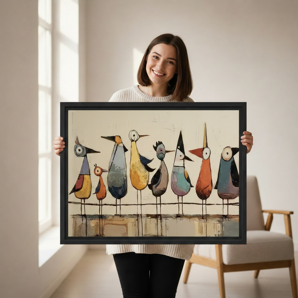 Whimsical birds folk art canvas wall art displayed in cozy interior setting, colorful quirky bird print above console table for eclectic home decor