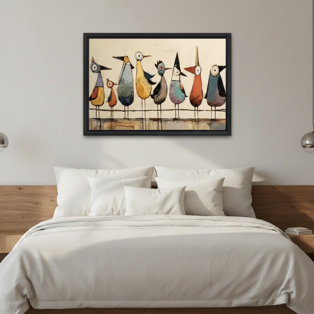 Whimsical birds folk art framed canvas wall art with seven colorful quirky birds on wire, displayed above wooden console table with grey linen and black lantern