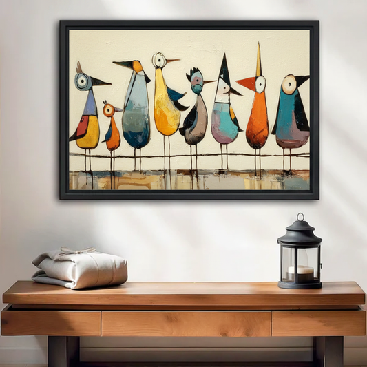 Frameless gallery wrap whimsical birds folk art canvas print with seven colorful quirky birds standing on wire, cream background, eclectic living room wall decor