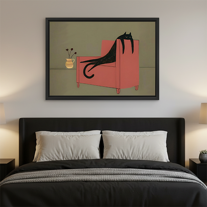 Whimsical black cat canvas wall art in a black frame above a bed with white pillows and dark bedding.
