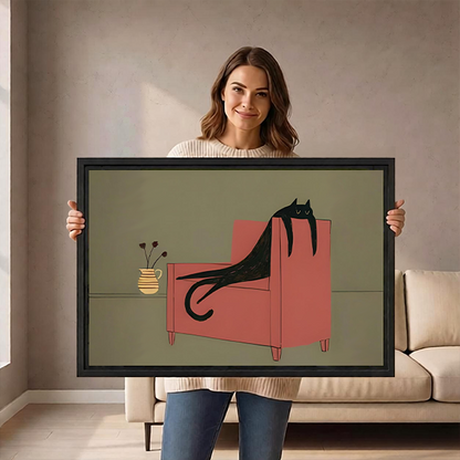 Gallery-wrap whimsical black cat canvas wall art featuring a coral armchair, displayed above a wooden console.