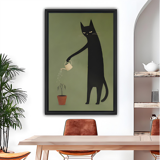 Framed whimsical black cat canvas wall art above a dining table beside a mirror.
