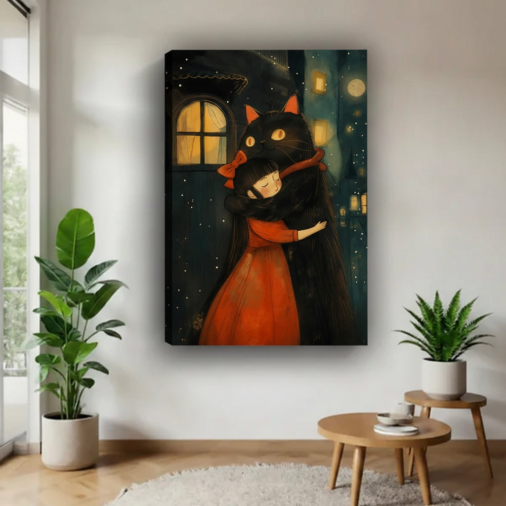 Whimsical black cat girl embrace canvas art print – fantasy illustration wall decor for living room