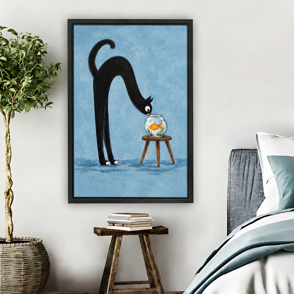 Whimsical black cat goldfish canvas wall art in a black frame beside a potted tree and bed