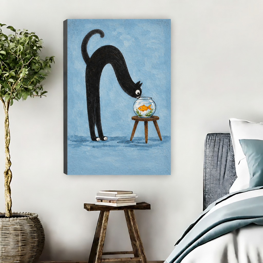 Gallery-wrap whimsical black cat goldfish canvas wall art above a wooden stool with books beside a bed