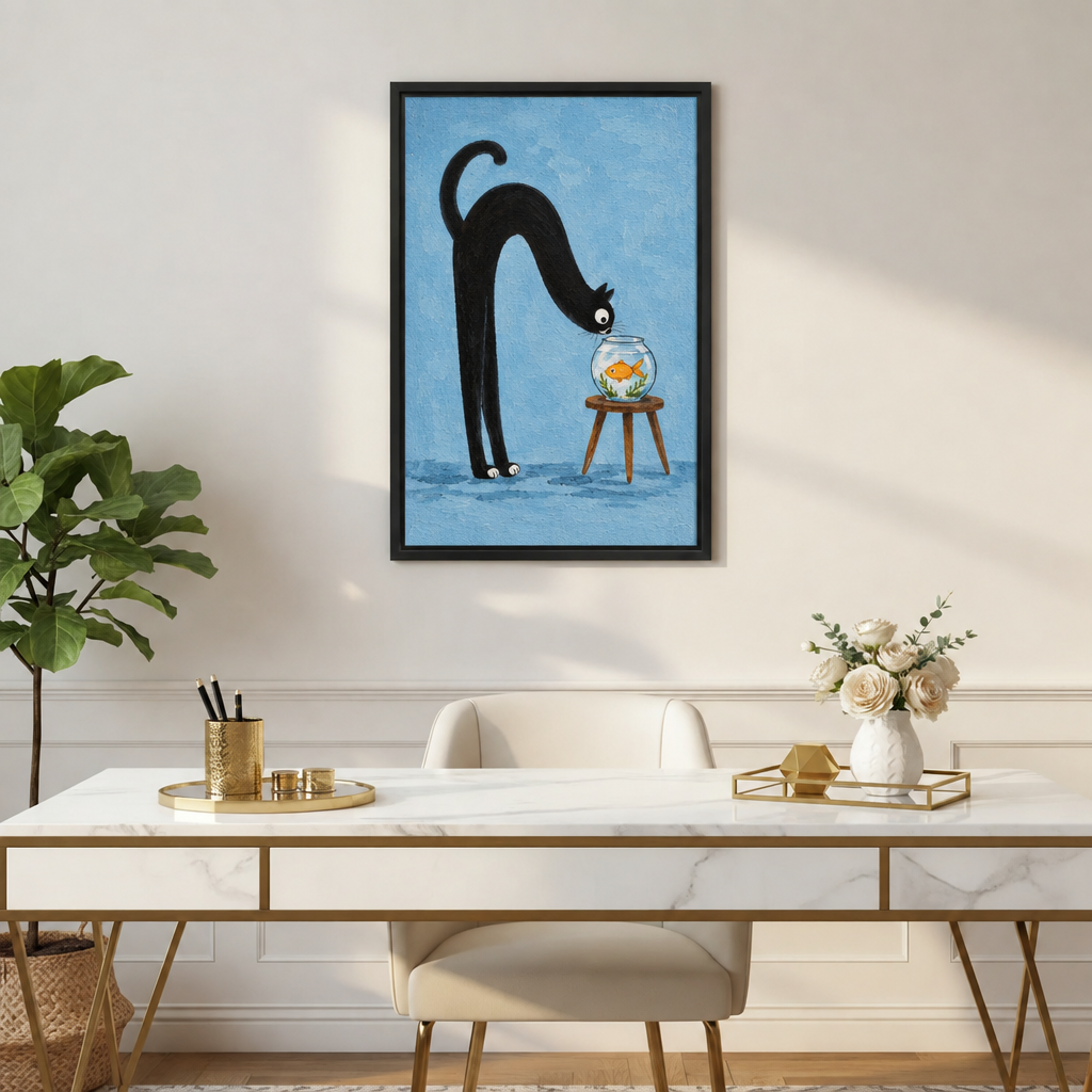Framed whimsical black cat goldfish canvas wall art above a white marble desk with gold accents