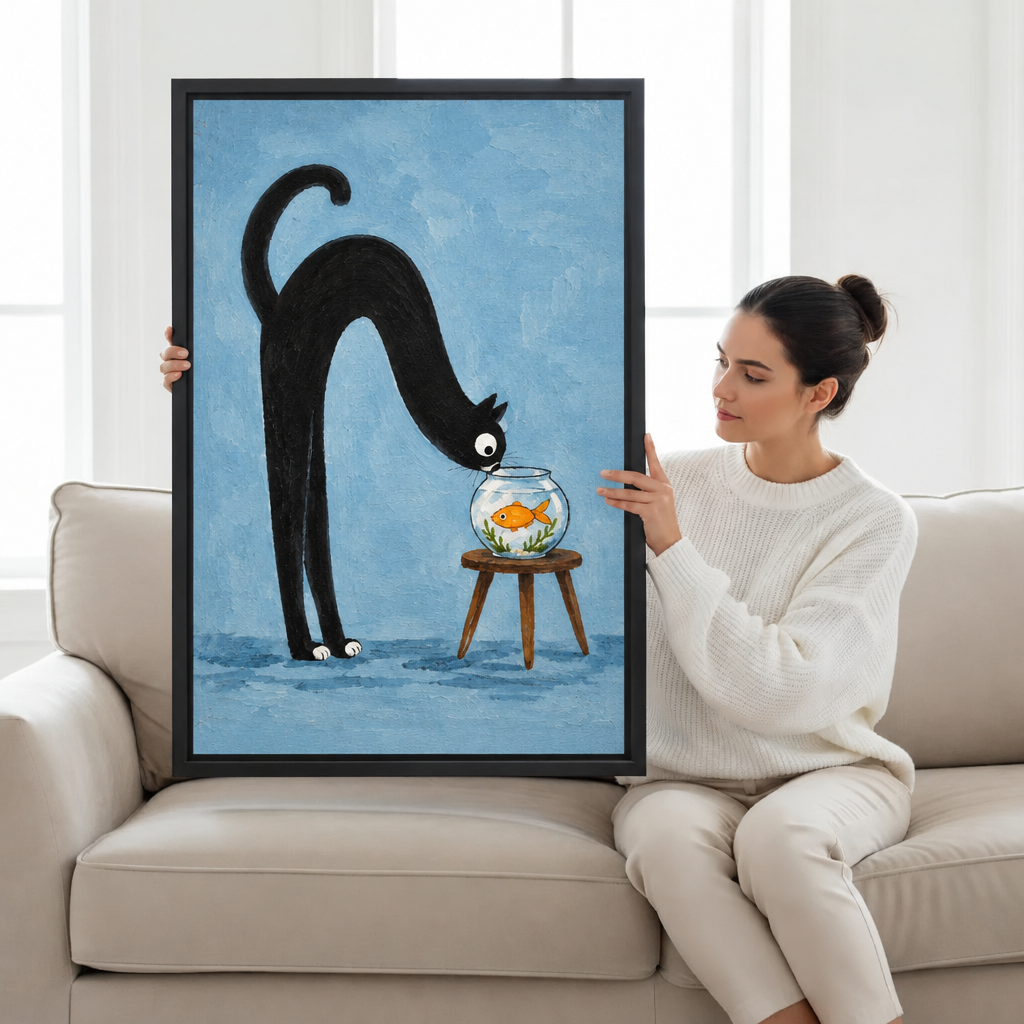 Woman in a white sweater holding framed whimsical black cat goldfish canvas wall art on a sofa
