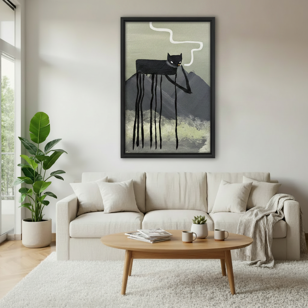 Whimsical long-legged black cat mountain canvas art above living room sofa – surreal wall decor