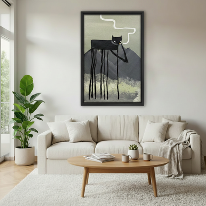 Whimsical long-legged black cat mountain canvas art above living room sofa – surreal wall decor