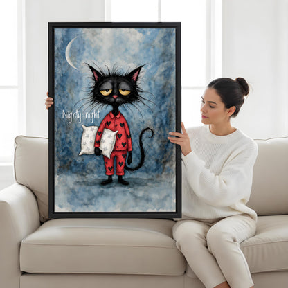 Woman holding large whimsical black cat red black heart pajamas silver star pillow nighty-night black framed canvas wall art size reference seated on cream sofa in bright room
