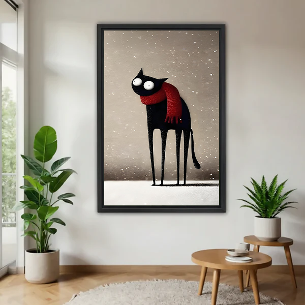 Whimsical black cat with red scarf framed art print hanging on white wall in minimalist living room
