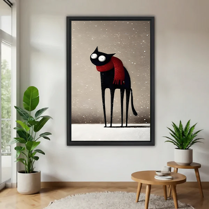 Whimsical black cat with red scarf framed art print hanging on white wall in minimalist living room