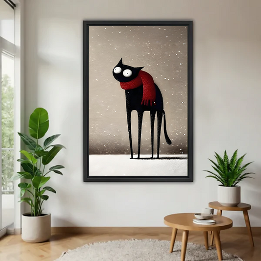 Whimsical black cat with red scarf framed art print hanging on white wall in minimalist living room