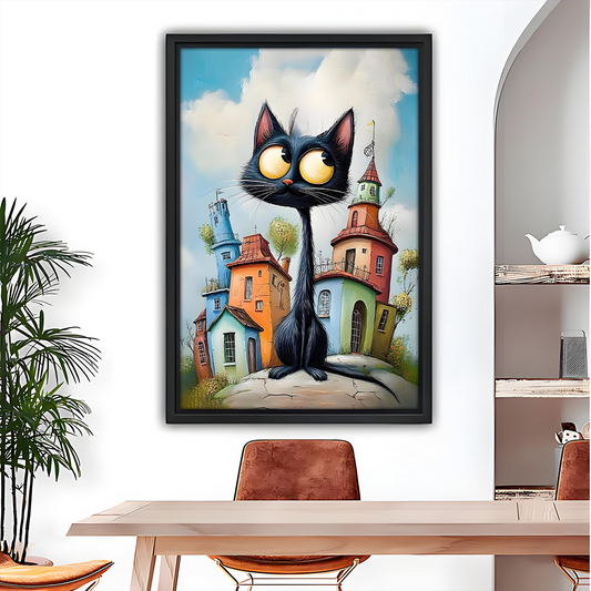 Whimsical black cat with big golden eyes and colorful village canvas wall art in black float frame above dining table