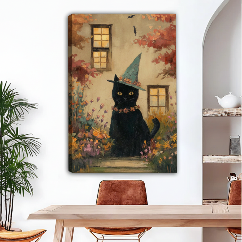 Unframed whimsical black cat witch canvas wall art displayed above a wooden dining table in a bright modern dining room