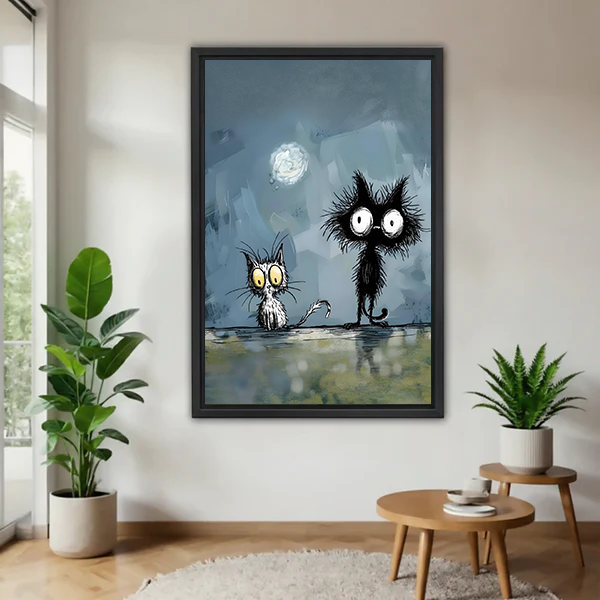 Framed whimsical black cats moonlight canvas wall art hanging in a bright living room with tropical plants