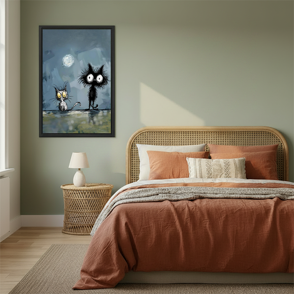 Framed whimsical black cats moonlight canvas print displayed beside a rattan bed in a warm sage green bedroom