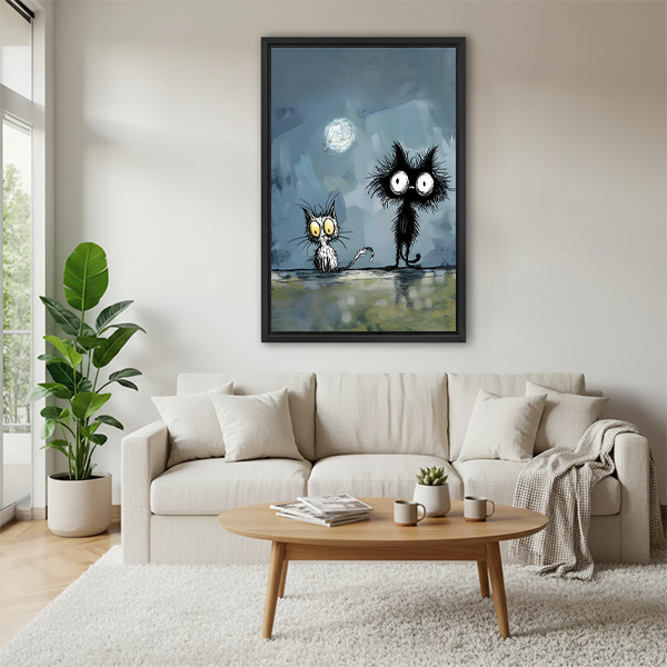 Smiling woman holding large black framed whimsical black cats moonlight canvas art print to show size