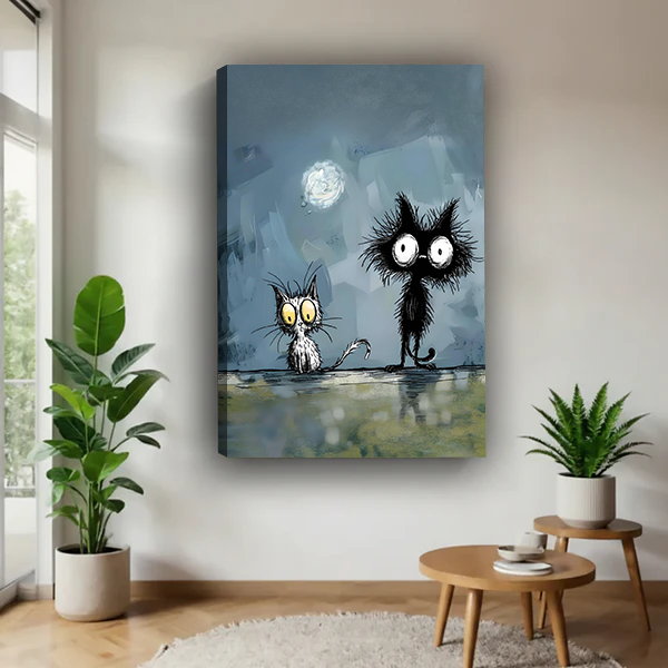 Unframed gallery-wrap whimsical black cats moonlight canvas print displayed on a neutral modern living room wall