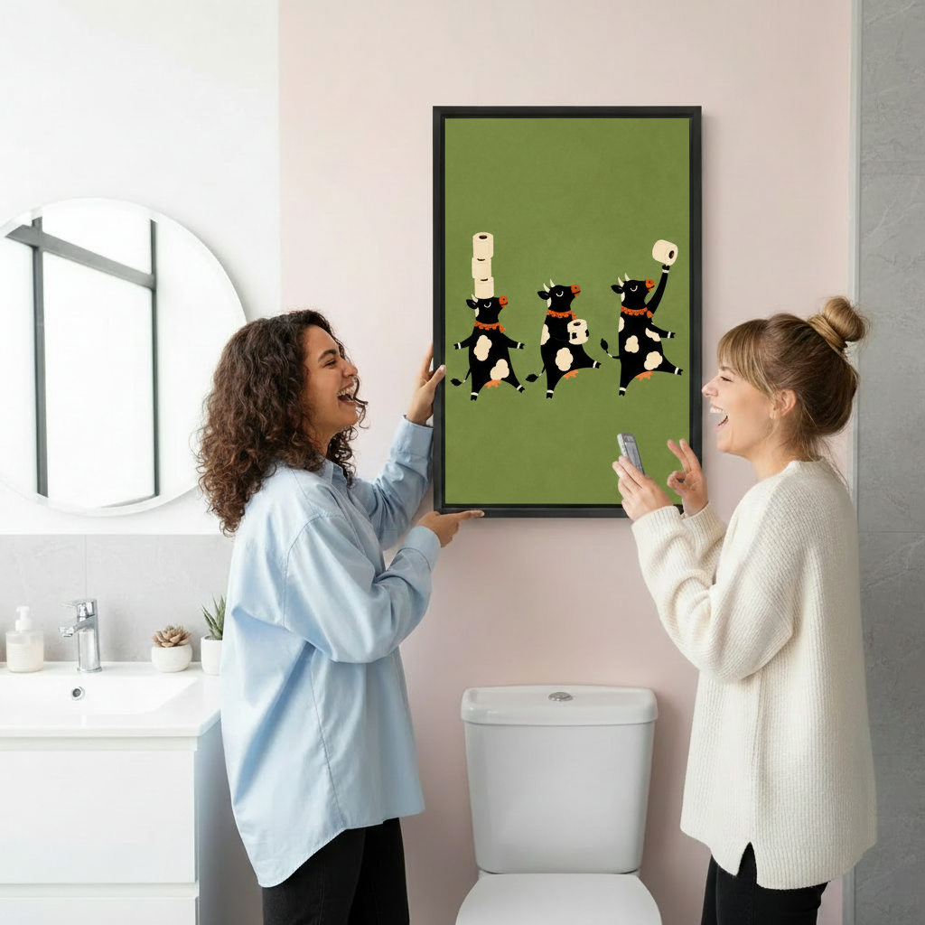 Whimsical black cow bathroom canvas wall art styled in a bright bathroom with two women admiring the framed print
