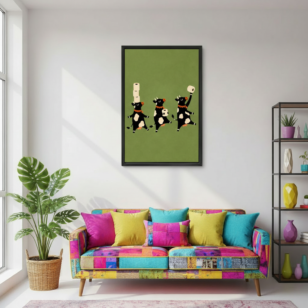 Whimsical black cow bathroom canvas wall art adding playful character to a colorful modern living room