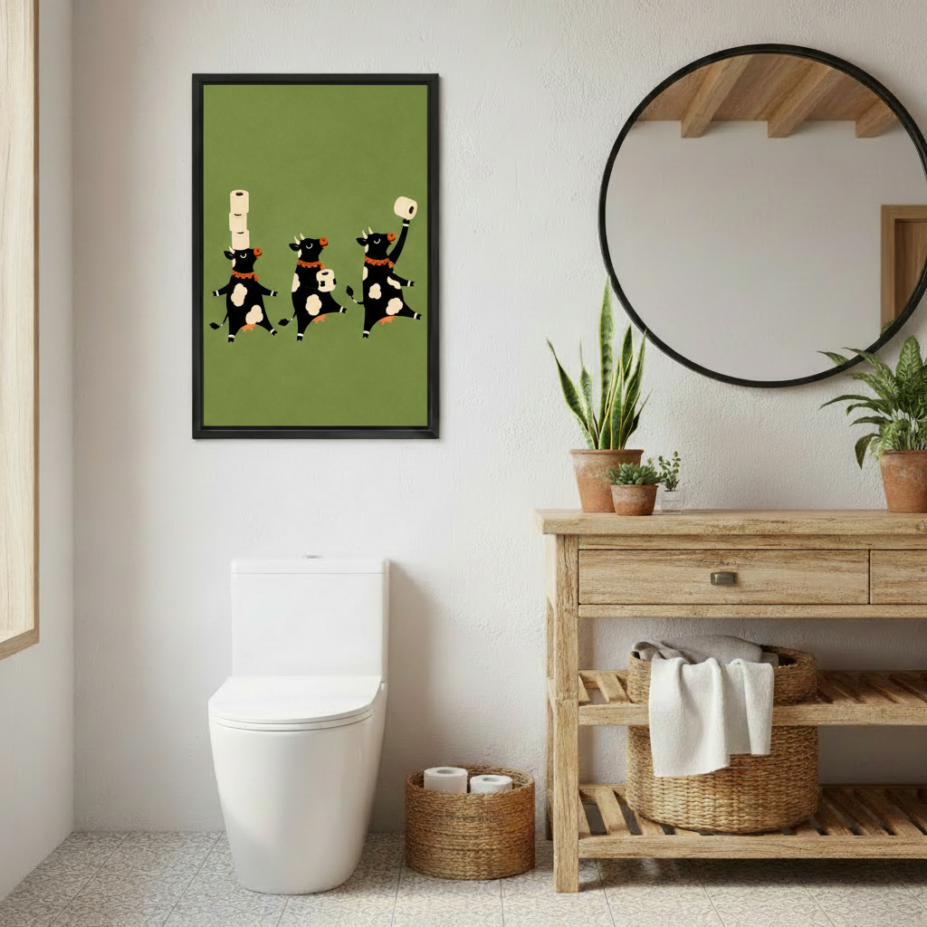 Whimsical black cow bathroom canvas wall art displayed above a toilet beside a rustic console and round mirror