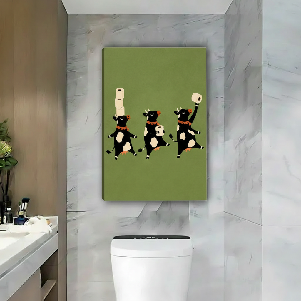 Whimsical black cow bathroom canvas wall art shown as a clean unframed canvas with three playful cows and toilet rolls
