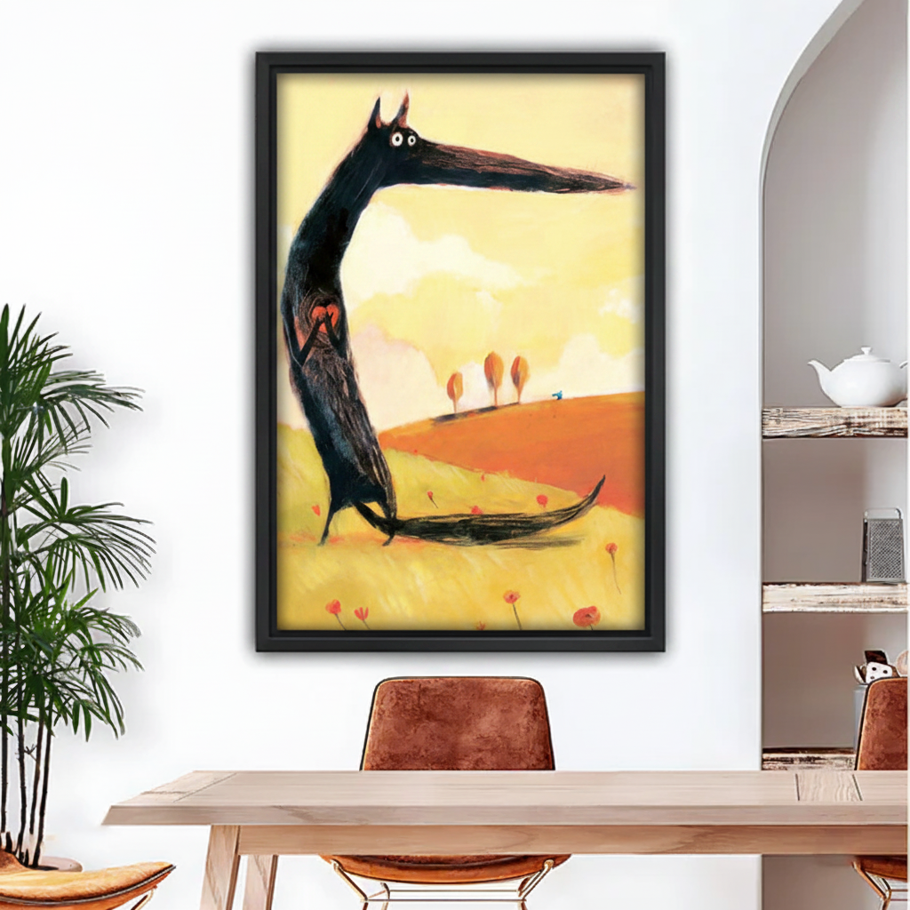  Framed whimsical black wolf autumn canvas wall art displayed above dining table in bright airy room