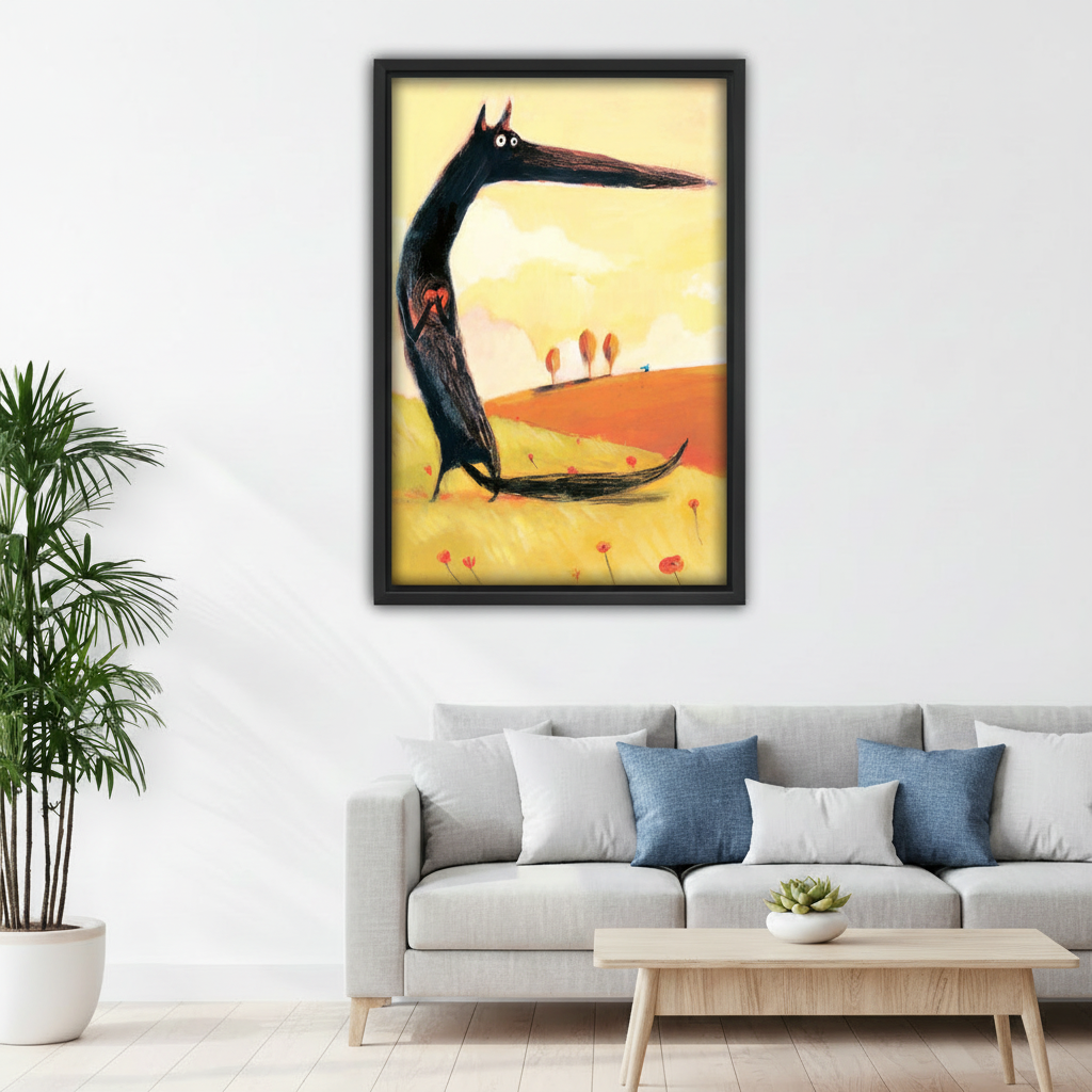 Whimsical black wolf framed canvas wall art above grey sofa with blue cushions in modern living room