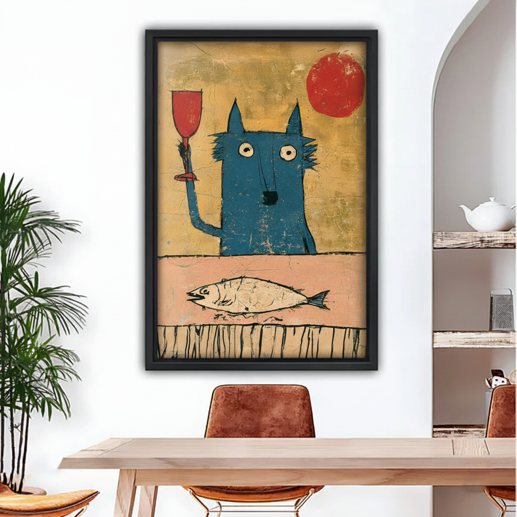 Close-up of whimsical blue cat wine canvas wall art featuring a blue cat, red glass, fish, and apple.