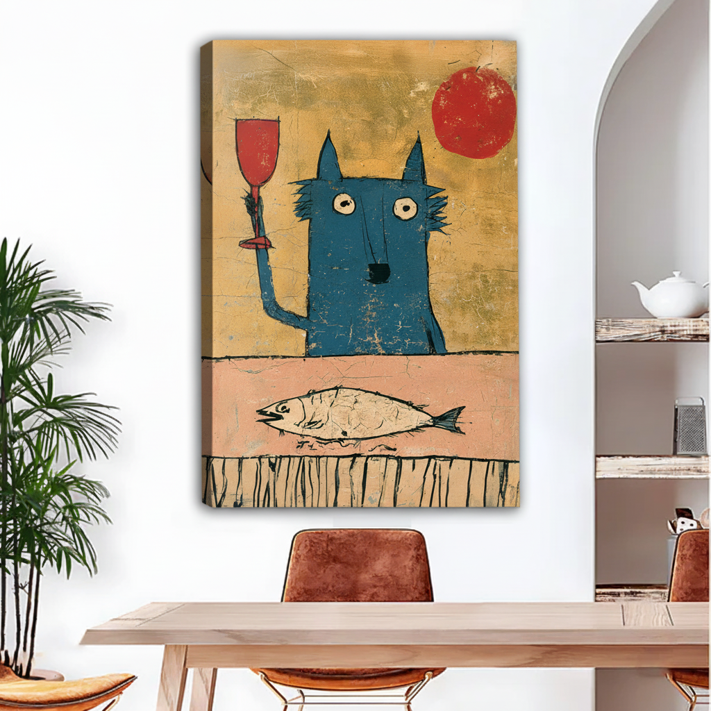 Whimsical blue cat wine canvas wall art displayed above a dining table in a bright modern room.