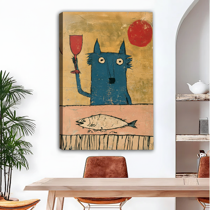Whimsical blue cat wine canvas wall art displayed above a dining table in a bright modern room.