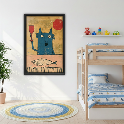  Whimsical blue cat wine canvas wall art displayed beside a bunk bed in a cheerful children’s bedroom.