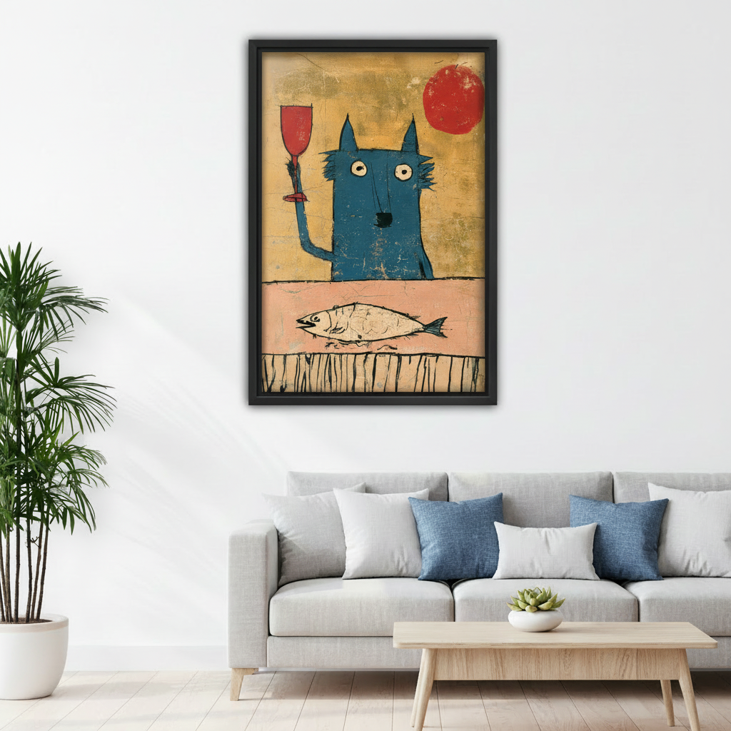 Whimsical blue cat wine canvas wall art styled above a sofa in a bright contemporary living room.