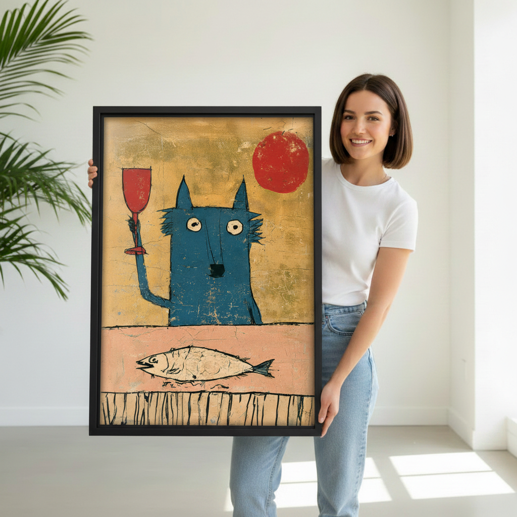 Woman holding whimsical blue cat wine canvas wall art to show its framed size and textured detail.